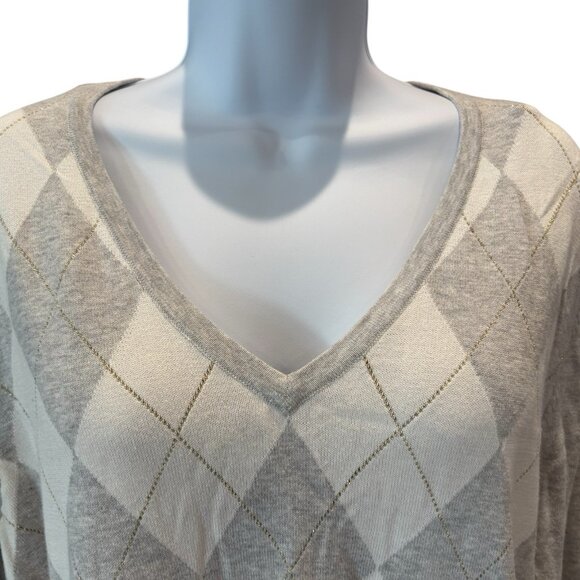 Tommy Hilfiger XL Argyle Sweater Gray Cream Metallic V-Neck Classic Fall Preppy - Picture 2 of 5